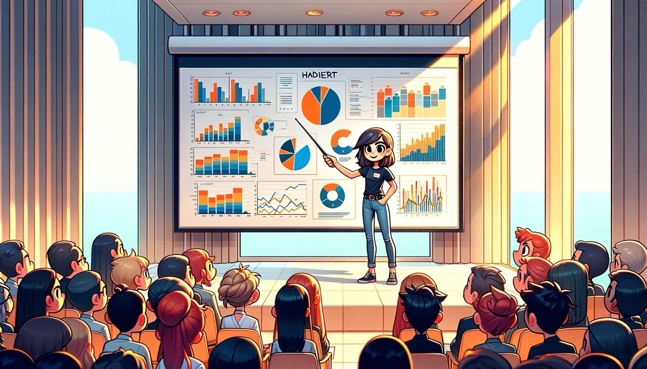 A presenter showing charts and graphs